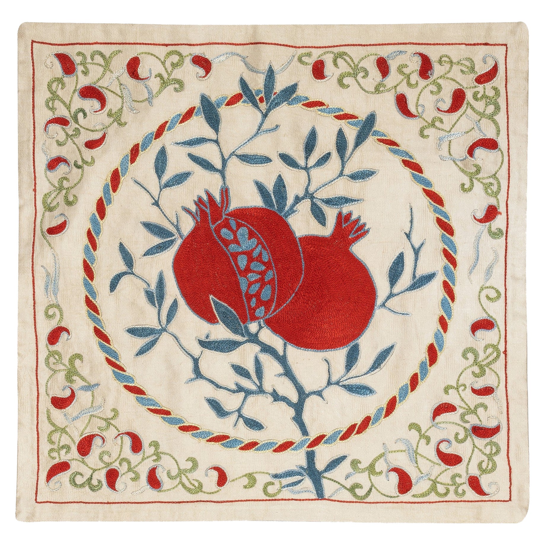 20"x19" 100% Silk Pomegranate Design Cushion Cover. Hand-Embroidered Pillowcase