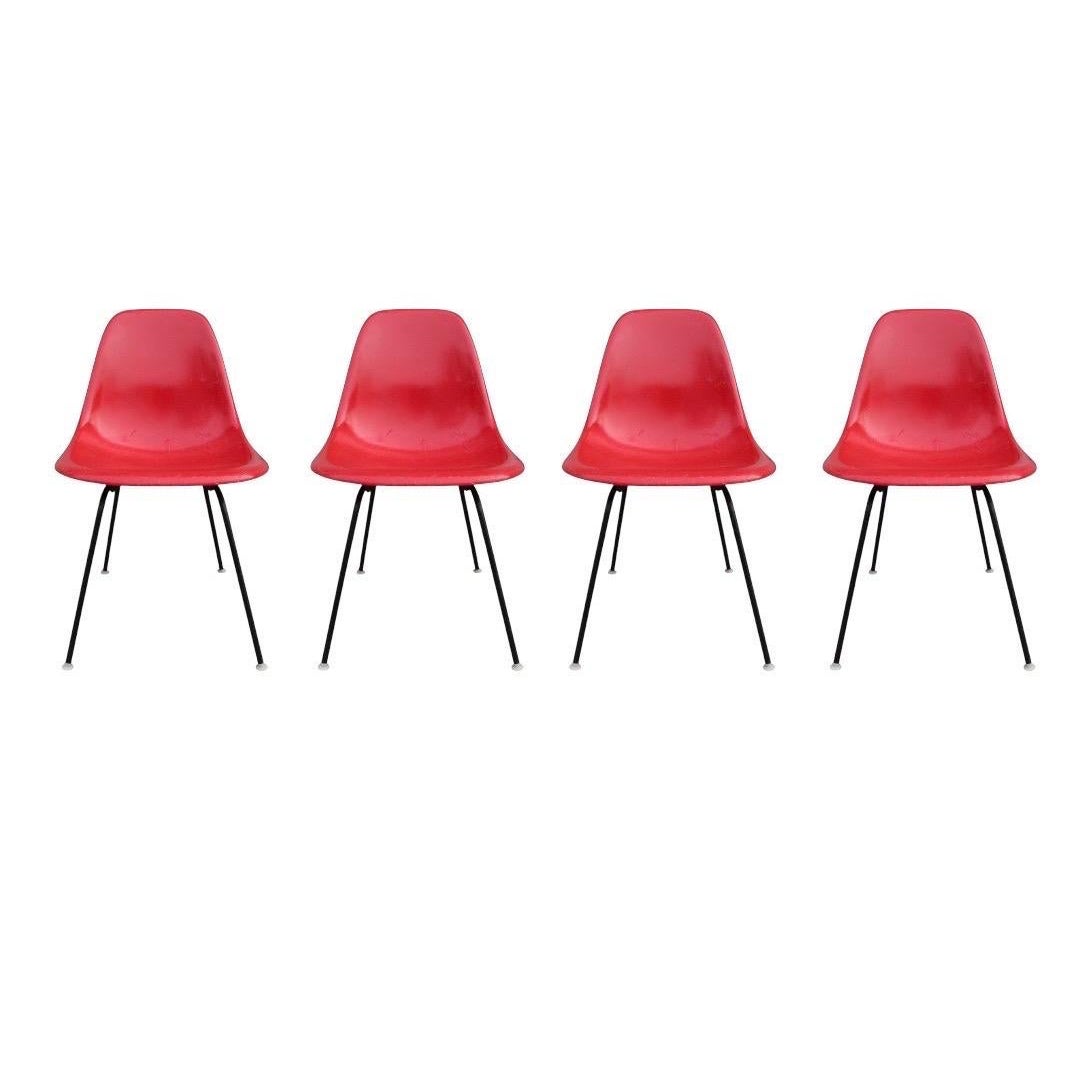 Set of Four Herman Miller Eames Fiberglass Dining Chairs in Red