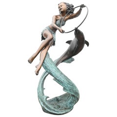 Art Nouveau Bronze Fountain Dolphin Girl Garden Casting