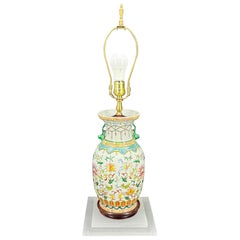 Antique Chinese Porcelain Table Lamp With Foo Dogs on Lucite Base