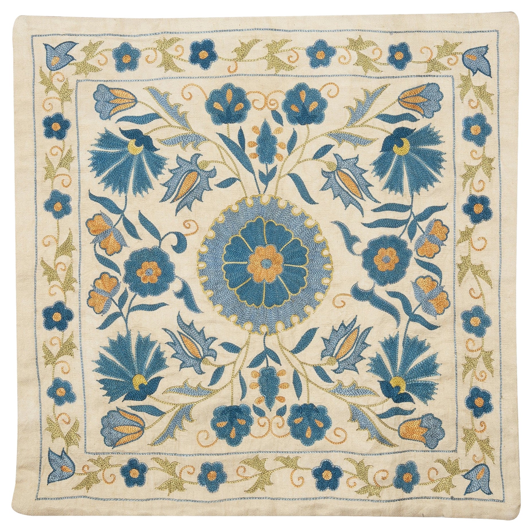 Copricuscino ricamato in seta 20 "x20". Federa fatta a mano. Camicetta di colore blu
