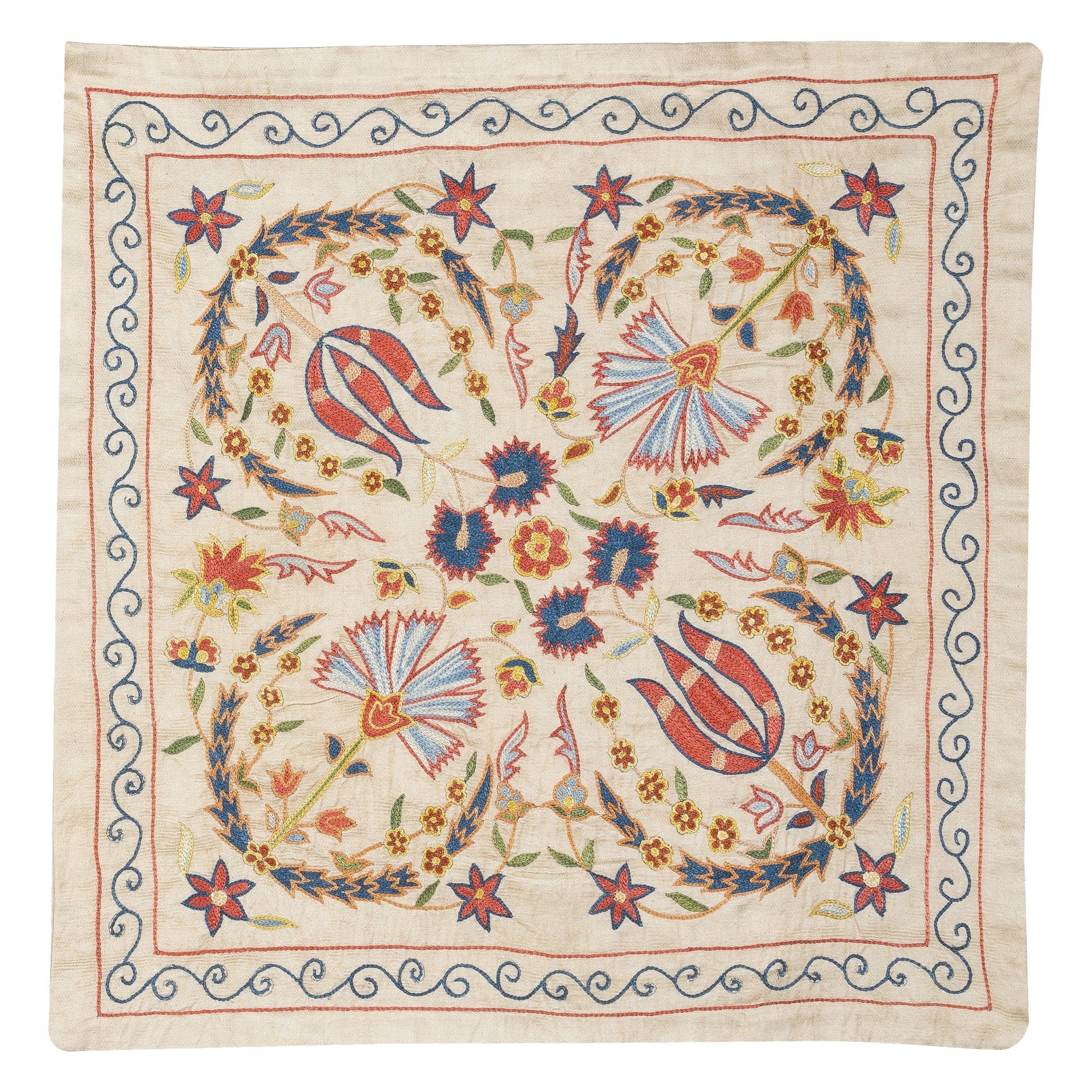 Housse de coussin en soie brodée 20 "x20". Taie d'oreiller faite à la main. Sham coloré