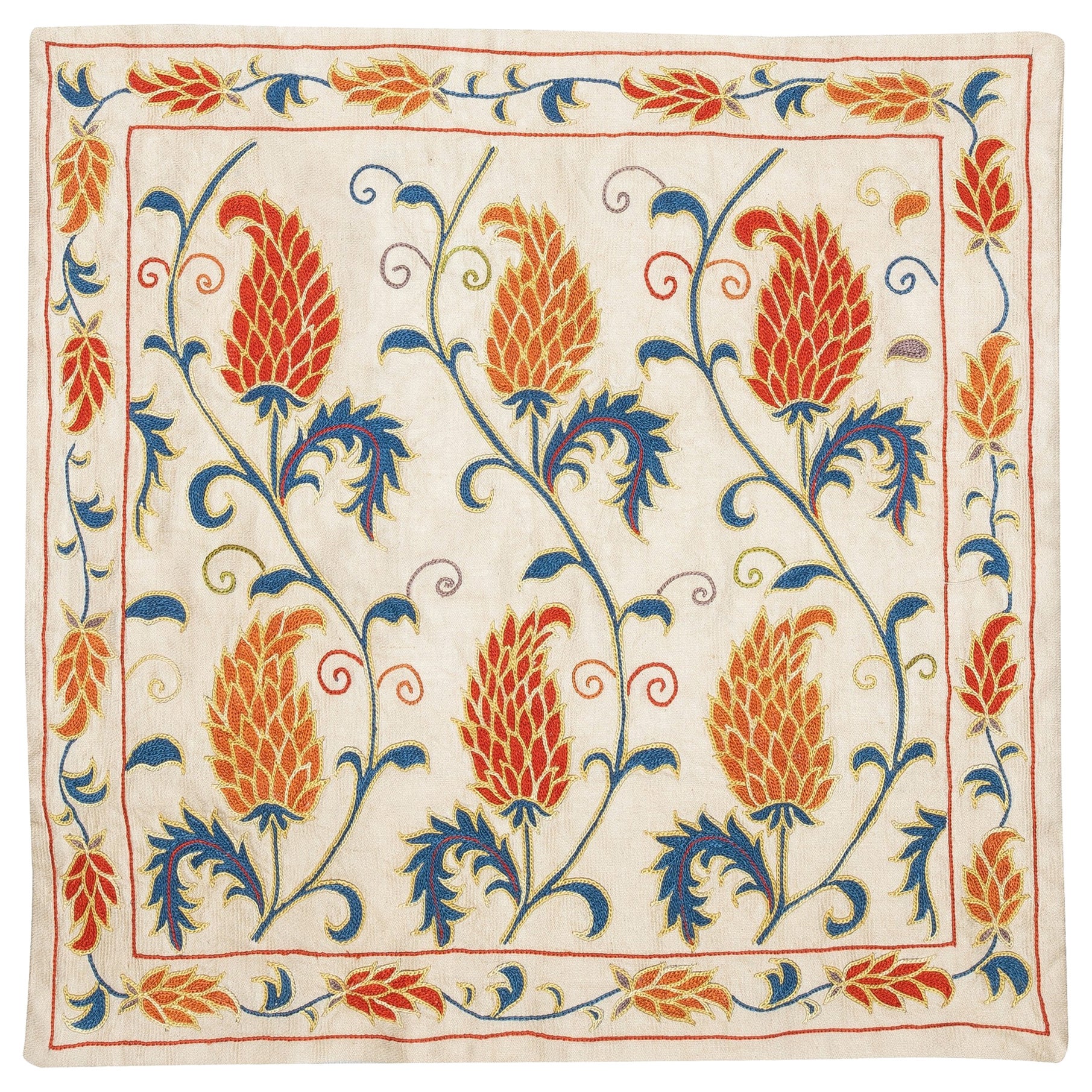 19"x19" Embroidered 100% Silk Cushion Cover. Home Decor. Handmade Pillowcase
