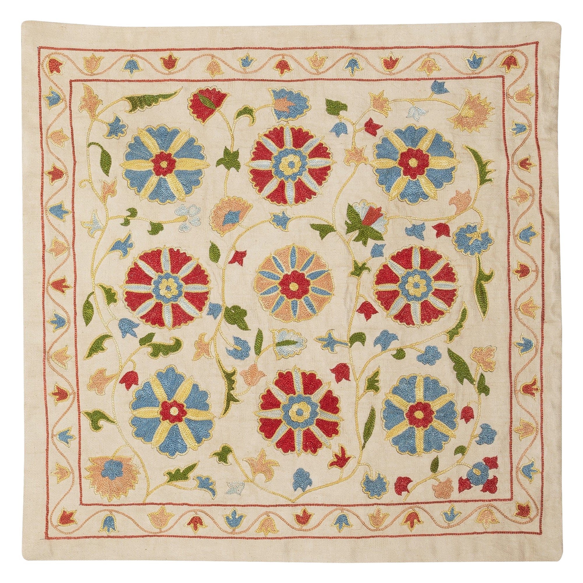 20"x20" 100% Silk Embroidered Pillow Cover. Colorful Handmade Cushion Cover