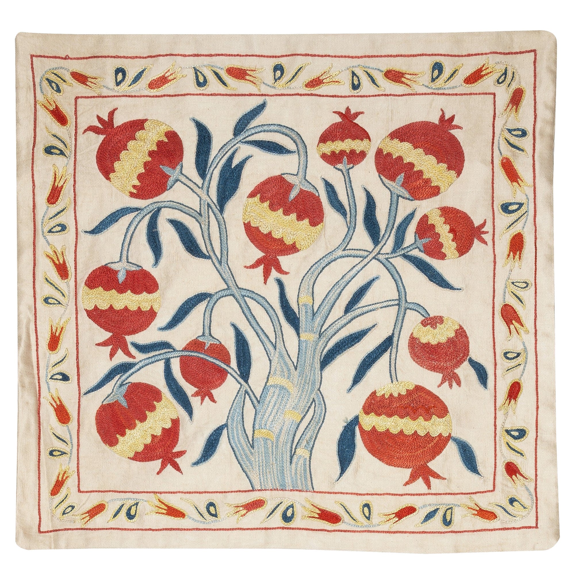 Copricuscino ricamato in 100% seta da 20 "x20". Cuscino in pizzo con design Melograno