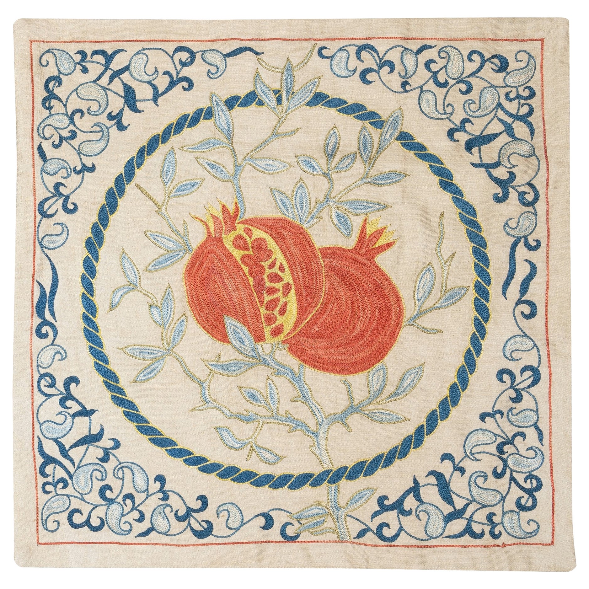 20 "x20" Copricuscino in 100% seta. Cuscino ricamato con disegno di melograno