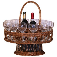 Vintage Mid-Century French Wicker Potable Bar or Wine Basket with Twelve Glasses