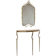 Italian 1950s Hall Console with Marble Top and Mirror