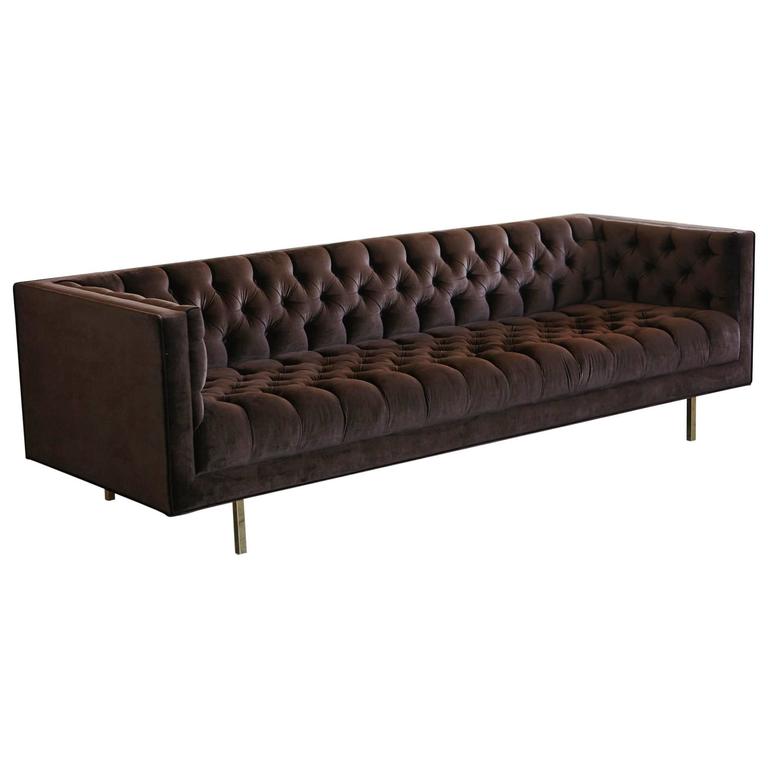 Modern Deeply Button Tufted Velvet Tuxedo Sofa in Chocolate Brown by
