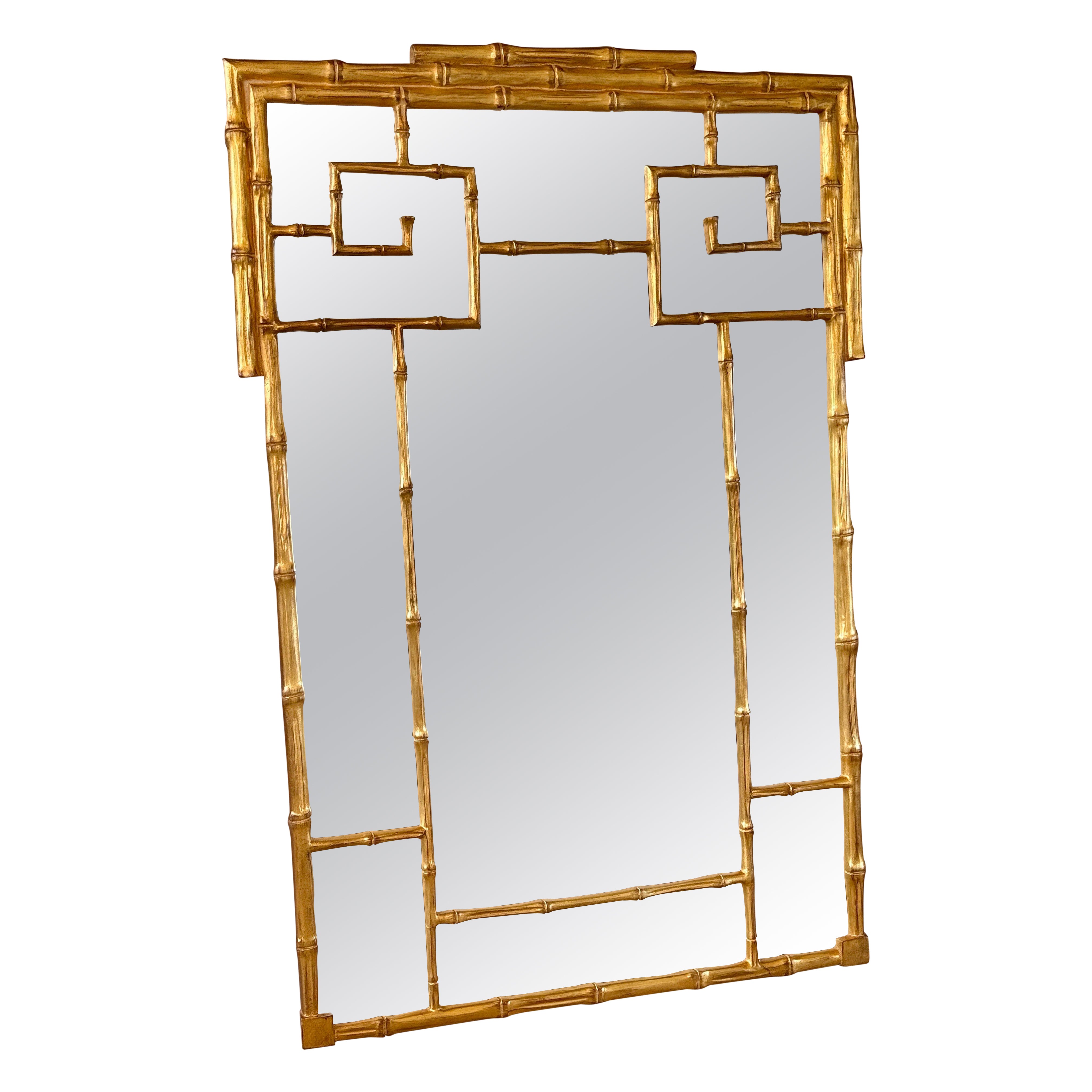 Ende des 20. Jahrhunderts Vergoldete Faux Bamboo Greek Key Wandspiegel im Angebot