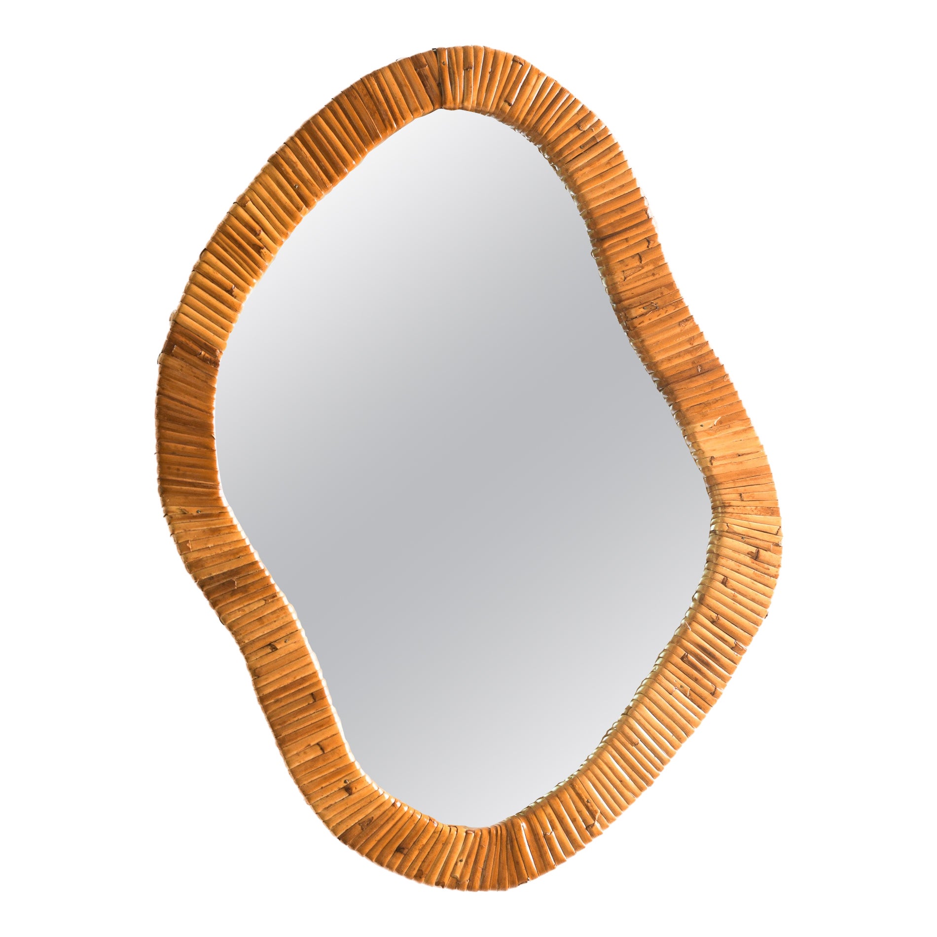 Asymmetrical Mirror, Features Organic Rattan Cane Frame Mirror For Sale