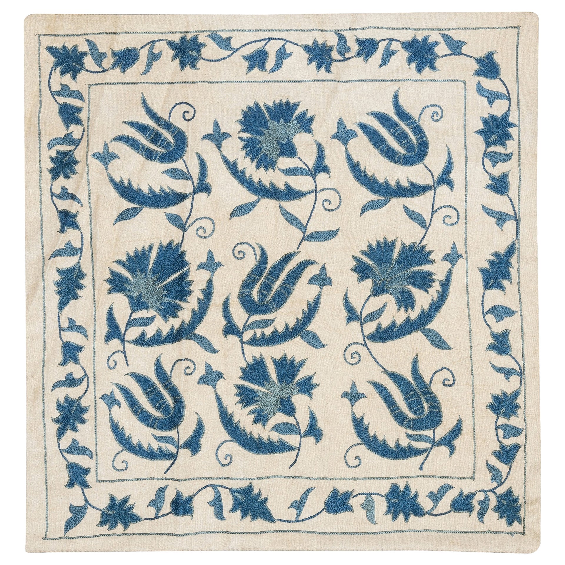 20"x20" 100% Silk Cushion Cover. Blue Lace Pillow. Embroidered Toss Pillow