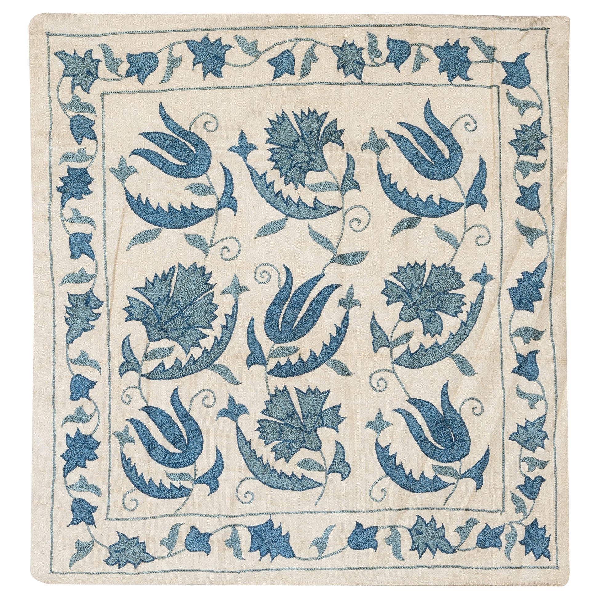 20"x20" 100% Silk Cushion Cover. Hand-Embroidered Pillowcase. Blue Lace Pillow