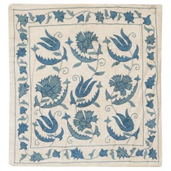 20"x20" 100% Silk Cushion Cover. Hand-Embroidered Pillowcase. Blue Lace Pillow