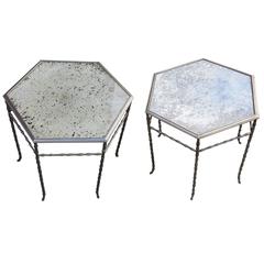 1970' Pair of Hexagonal Pedestal Model Bamboo Maison Bagués Silvered Bronze