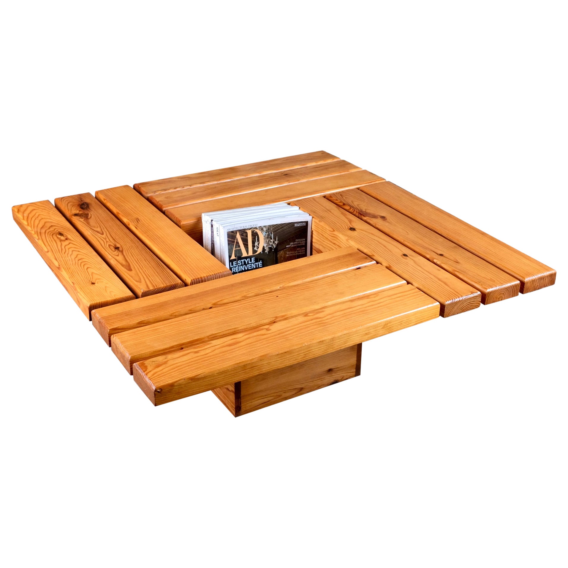Pinewood coffee table with storage space, made in France, 1980s
