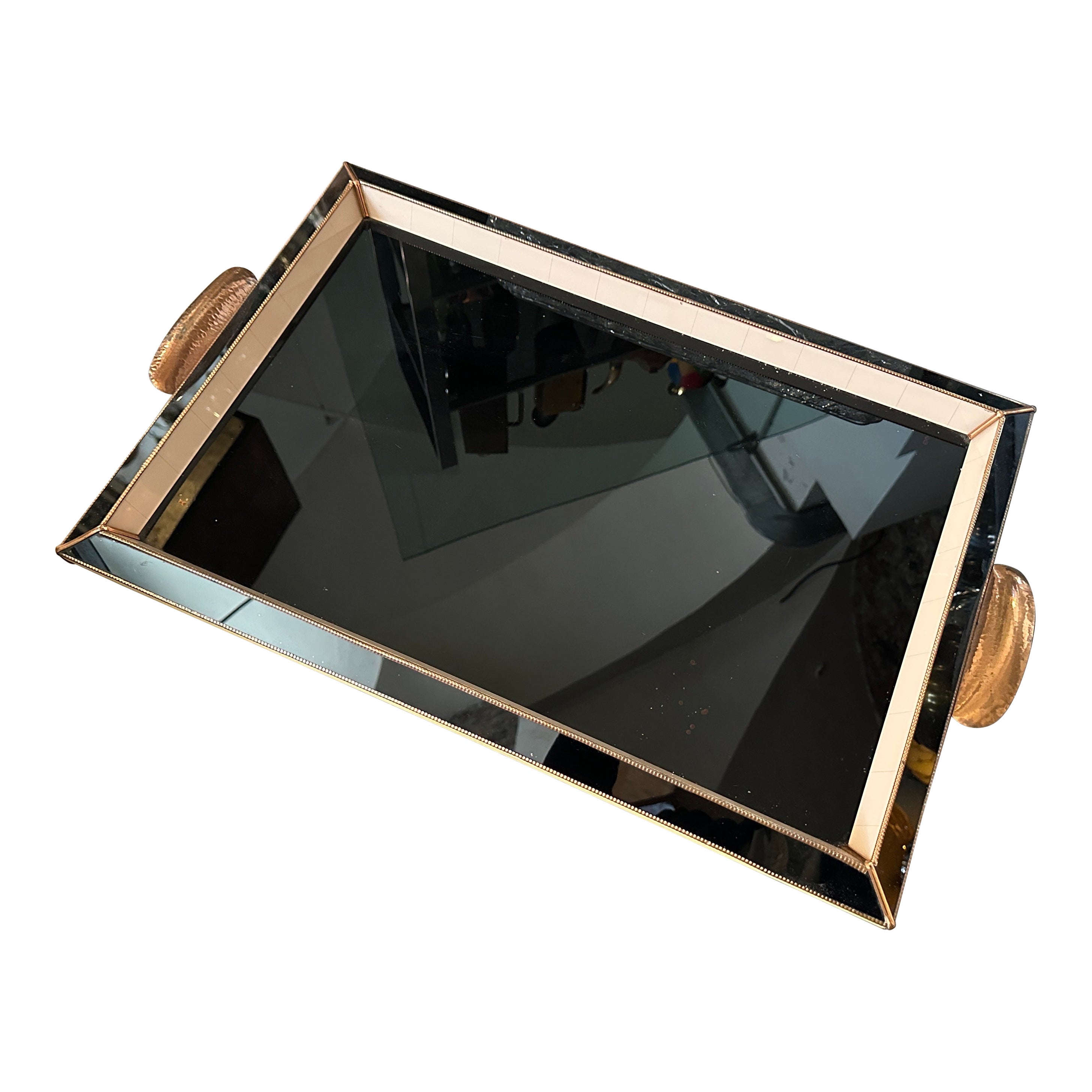 A High Quality 1930s Art Deco Copper and Glass Rectangular Italian Serving Tray For Sale