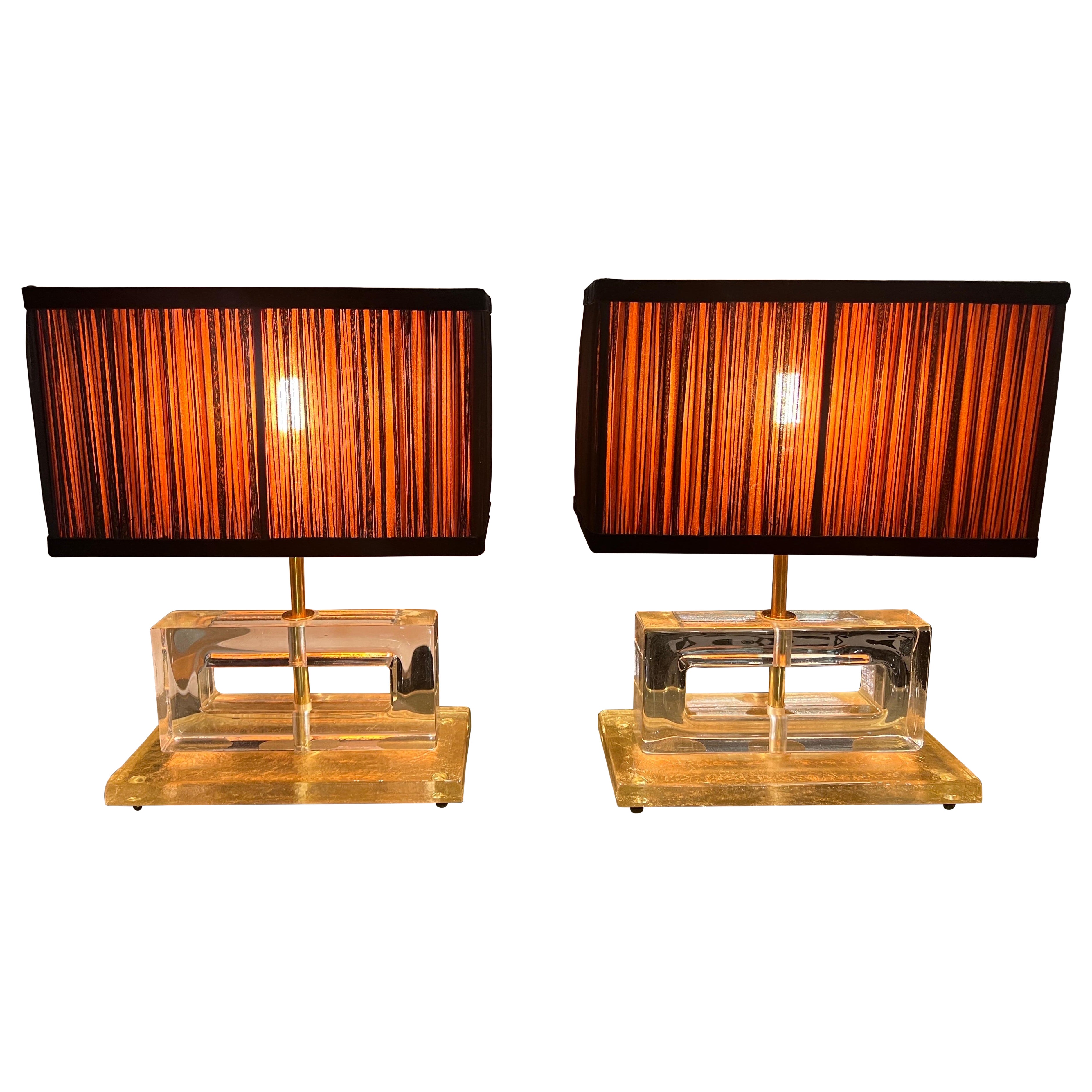 Clear Murano Glass Blocks Lamps with Our Hand-Sewn Two-Tones Lampshades, 1970s