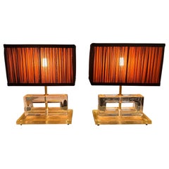 Clear Murano Glass Blocks Lamps with Our Hand-Sewn Two-Tones Lampshades, 1970s