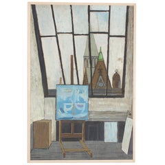 Midcentury Oil Painting on Board of a Parisian Art Studio