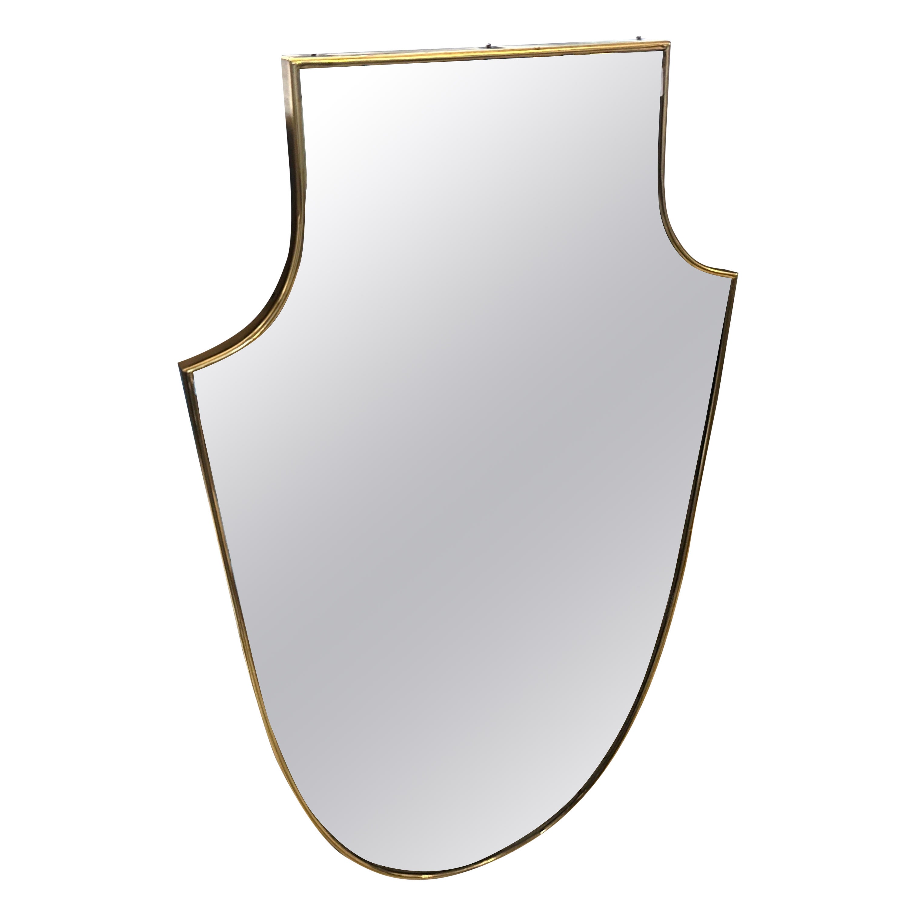 1950s Gio Ponti Style Mid-century Modern Brass Shield Shaped Wall Mirror