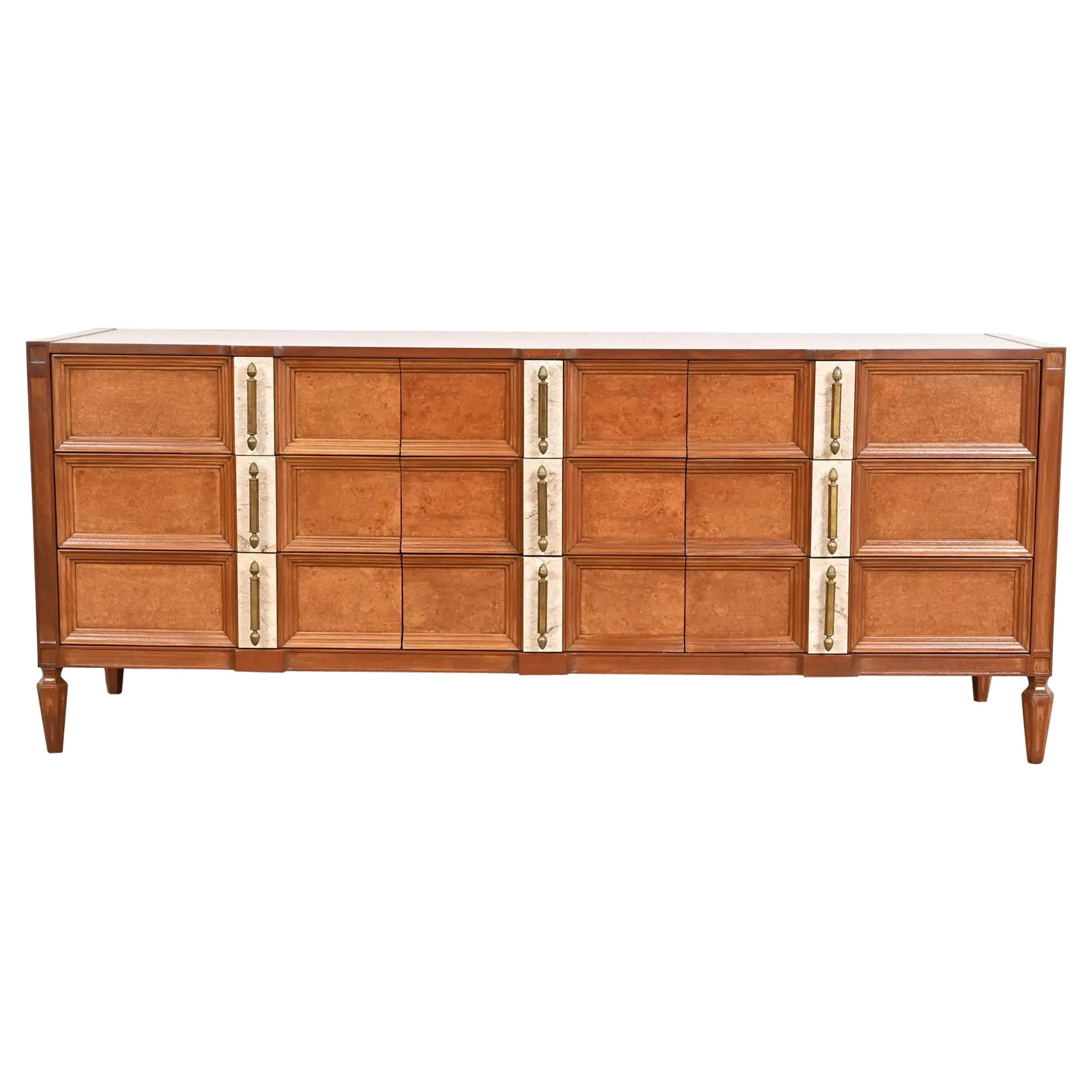 Romweber Mid-Century Hollywood Regency Burl Wood Dresser, Newly Refinished