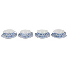 Vintage Royal Copenhagen Blue Fluted Full Lace, four large tea cups with saucers.