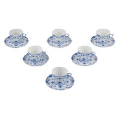 Royal Copenhagen Blue Fluted Full Lace, six pairs of coffee cups with saucers.