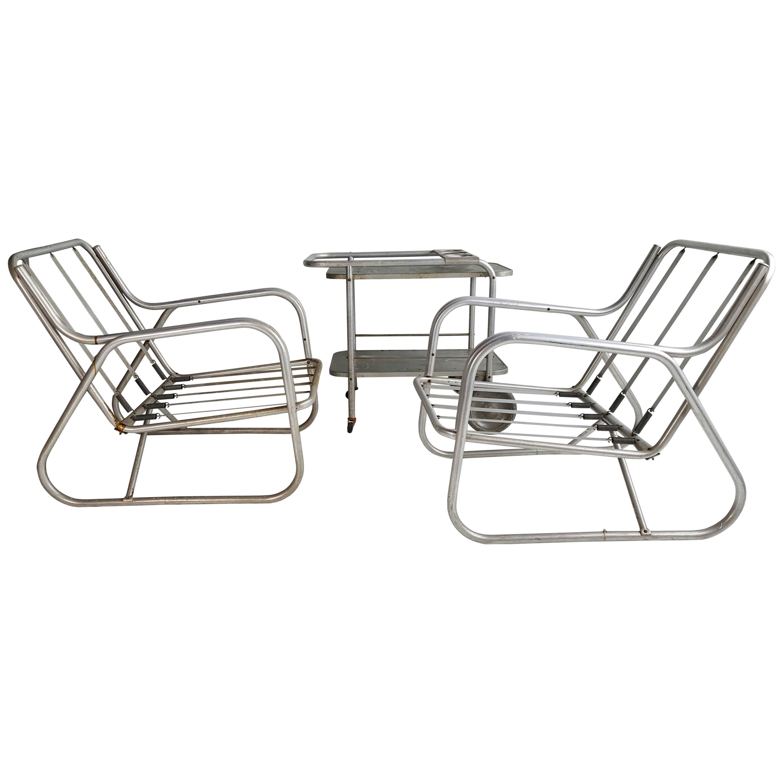 Art Deco or Machine Age Three-Piece Aluminum Outdoor Patio Set, Chairs, Bar Cart