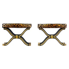 Pair of Dorothy Draper España X Stools / Benches in Leopard Velvet, circa 1955