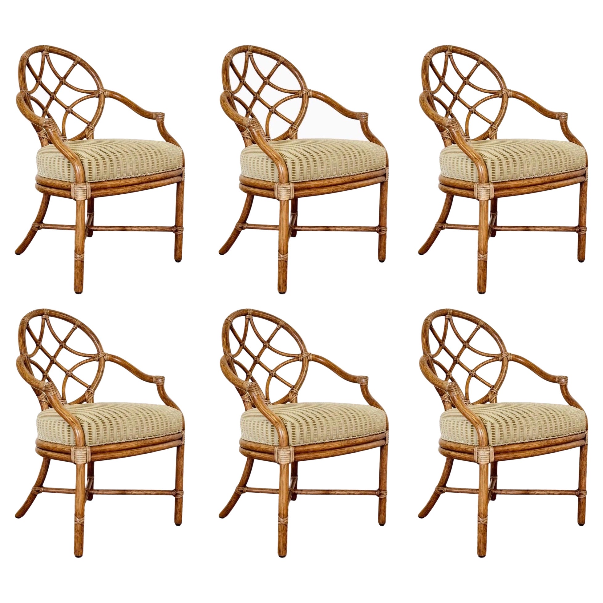 1990s McGuire Organic Modern Rattan Oval Lattice Back Dining Chairs - Set of 6