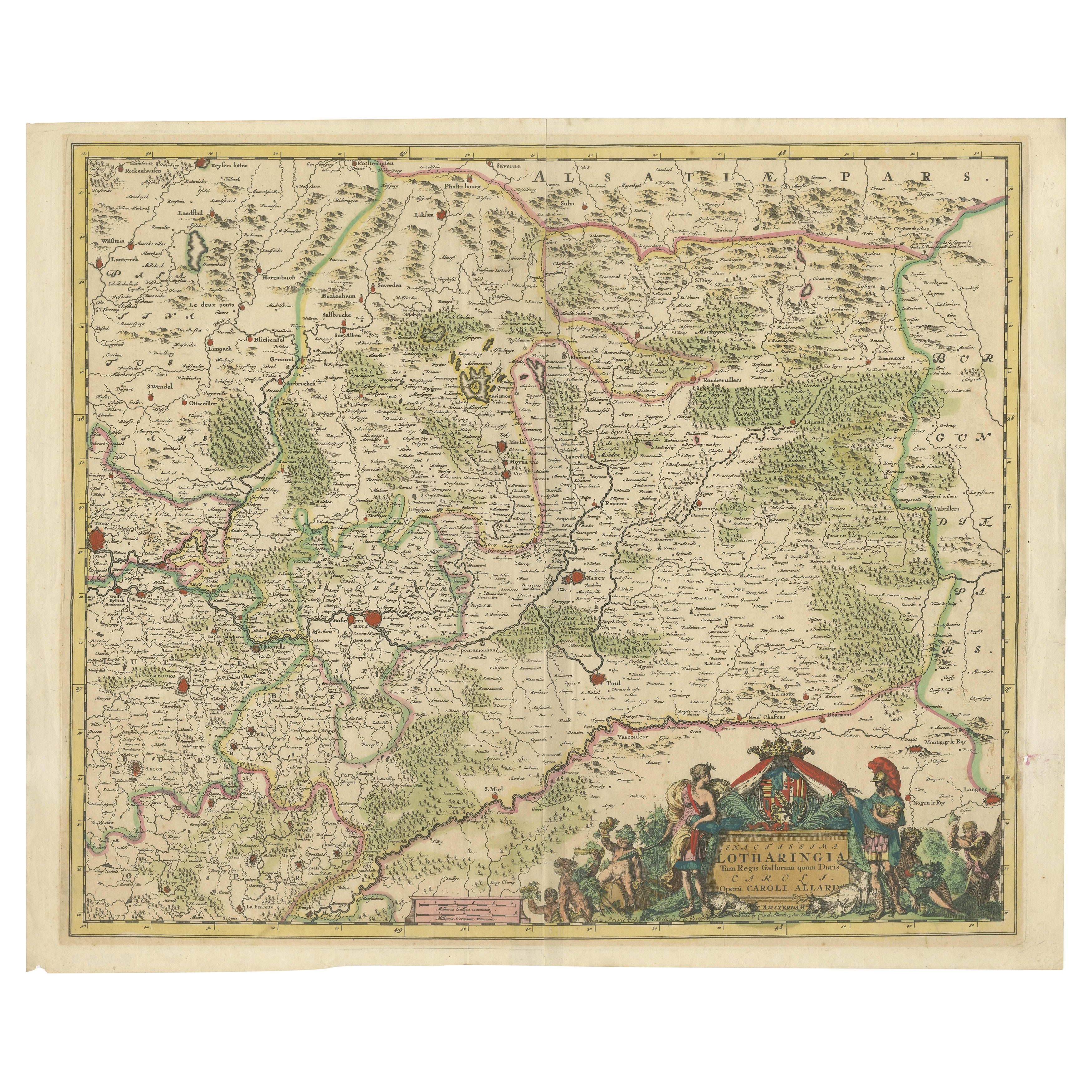 Historic 1690 Map of Lorraine in France by Allard - Cities of Toul, Nancy, Metz For Sale