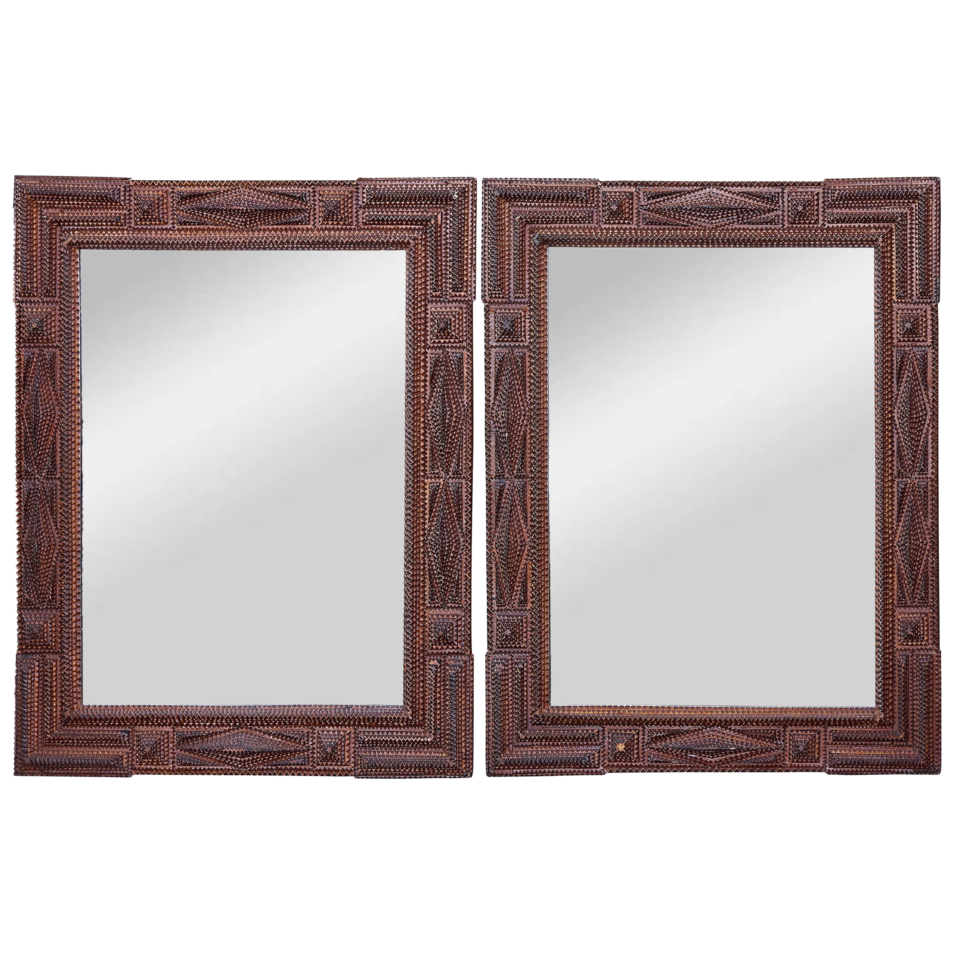 Pair of French Tramp Art Mirrors with Geometric Carved Frames, circa 1900