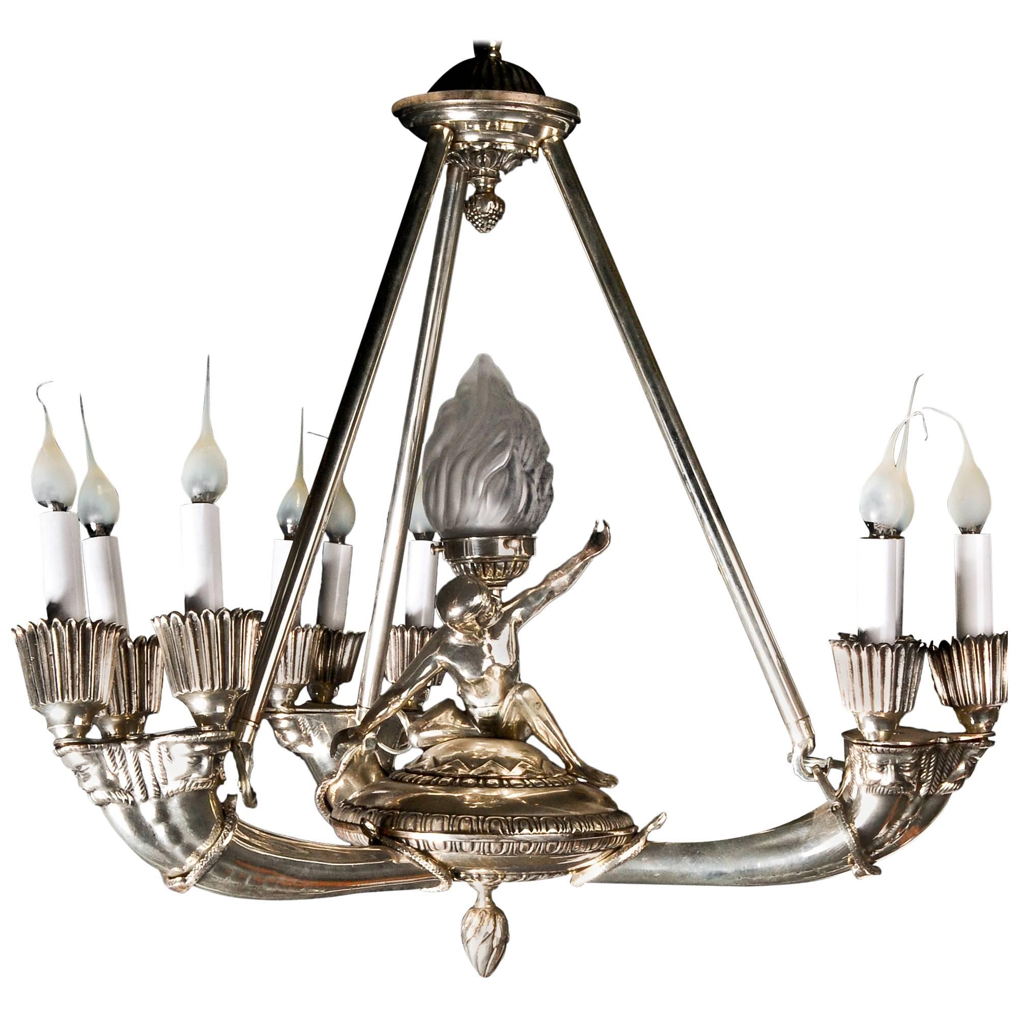 Fine Antique French Art Deco Style Silvered Bronze Figural Chandelier