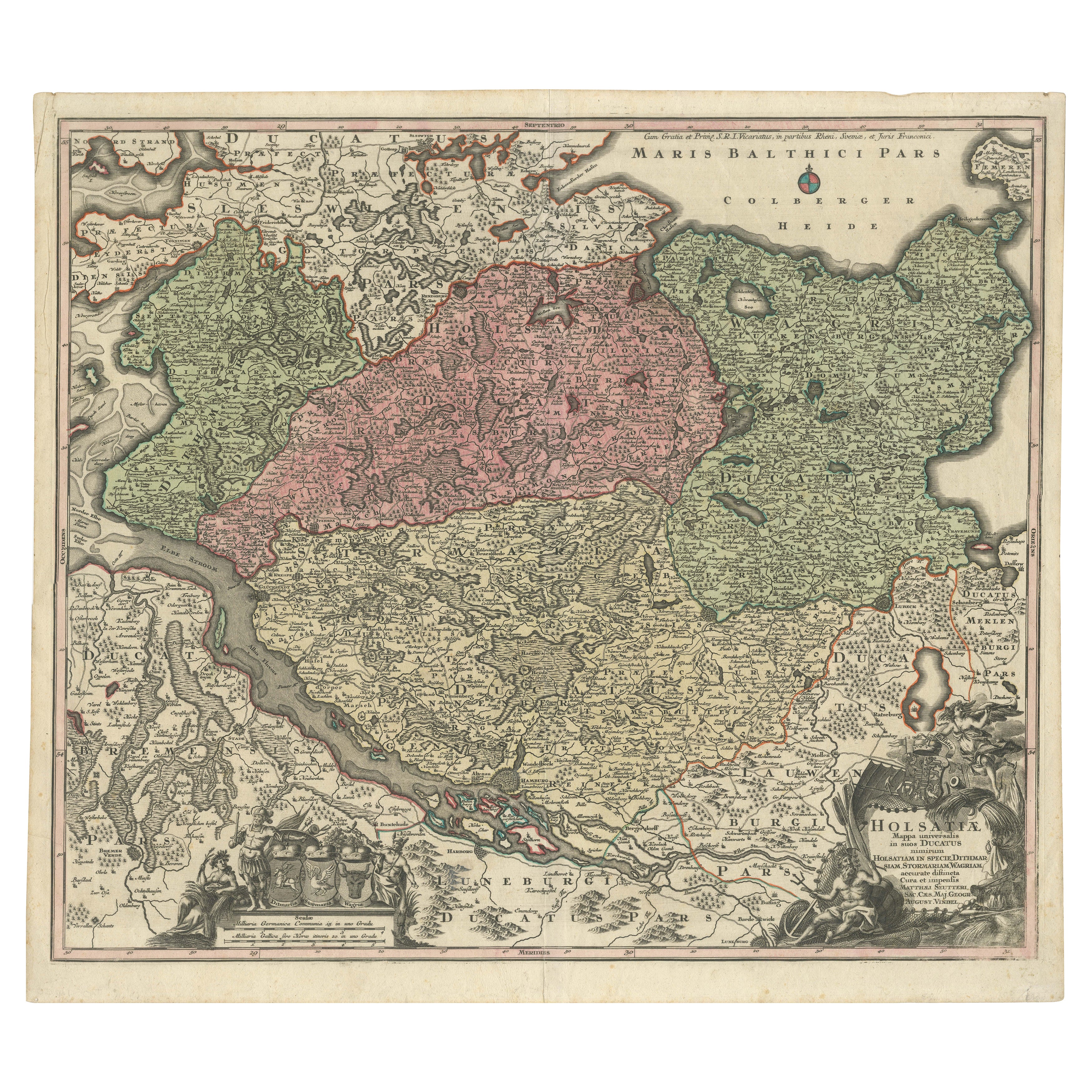 Historical Map of Holstein - Copperplate Engraving by Matthias Seutter, ca. 1730