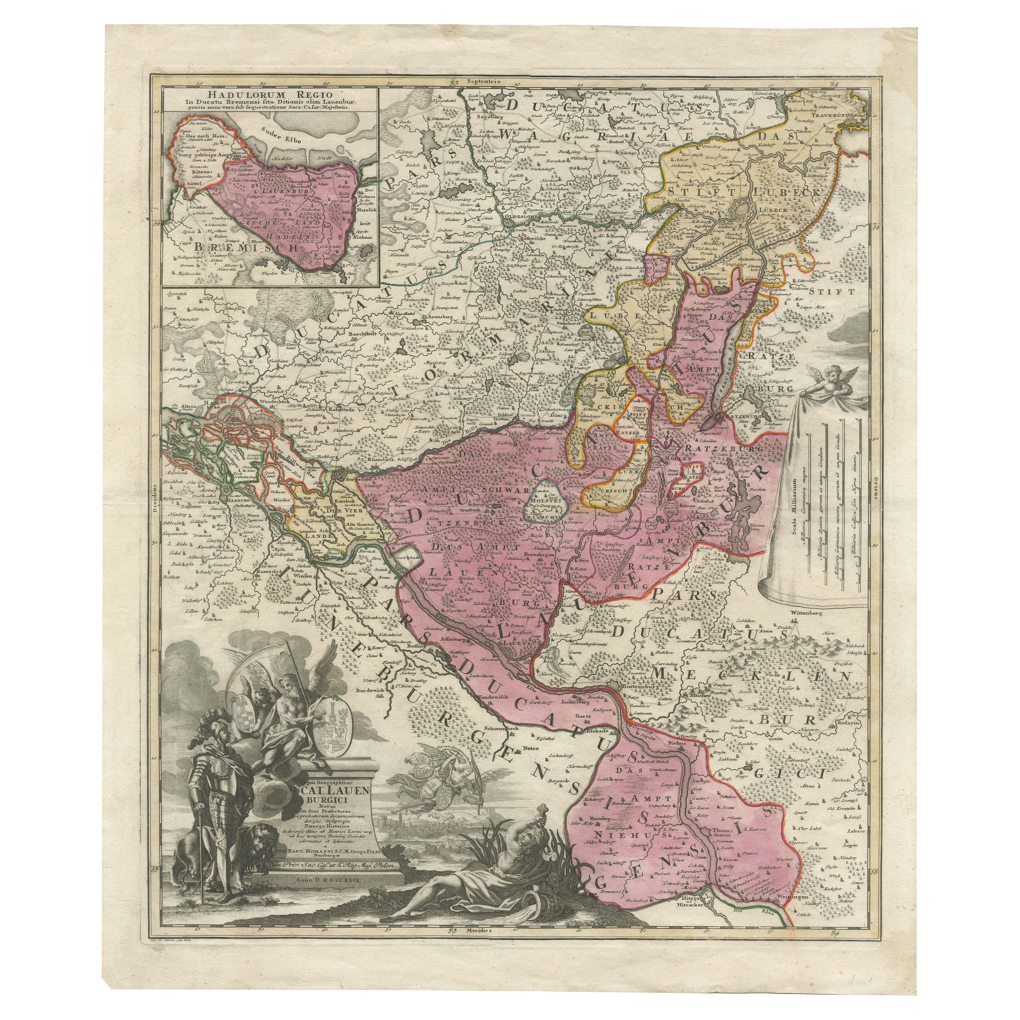 Historical Map of the Duchy of Lauenburg by Johann Baptist Homann - Circa 1720