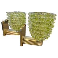 Zwei 1990er Jahre Barovier-Stil Art Deco  Wandleuchter aus grünem Muranoglas Rostrato