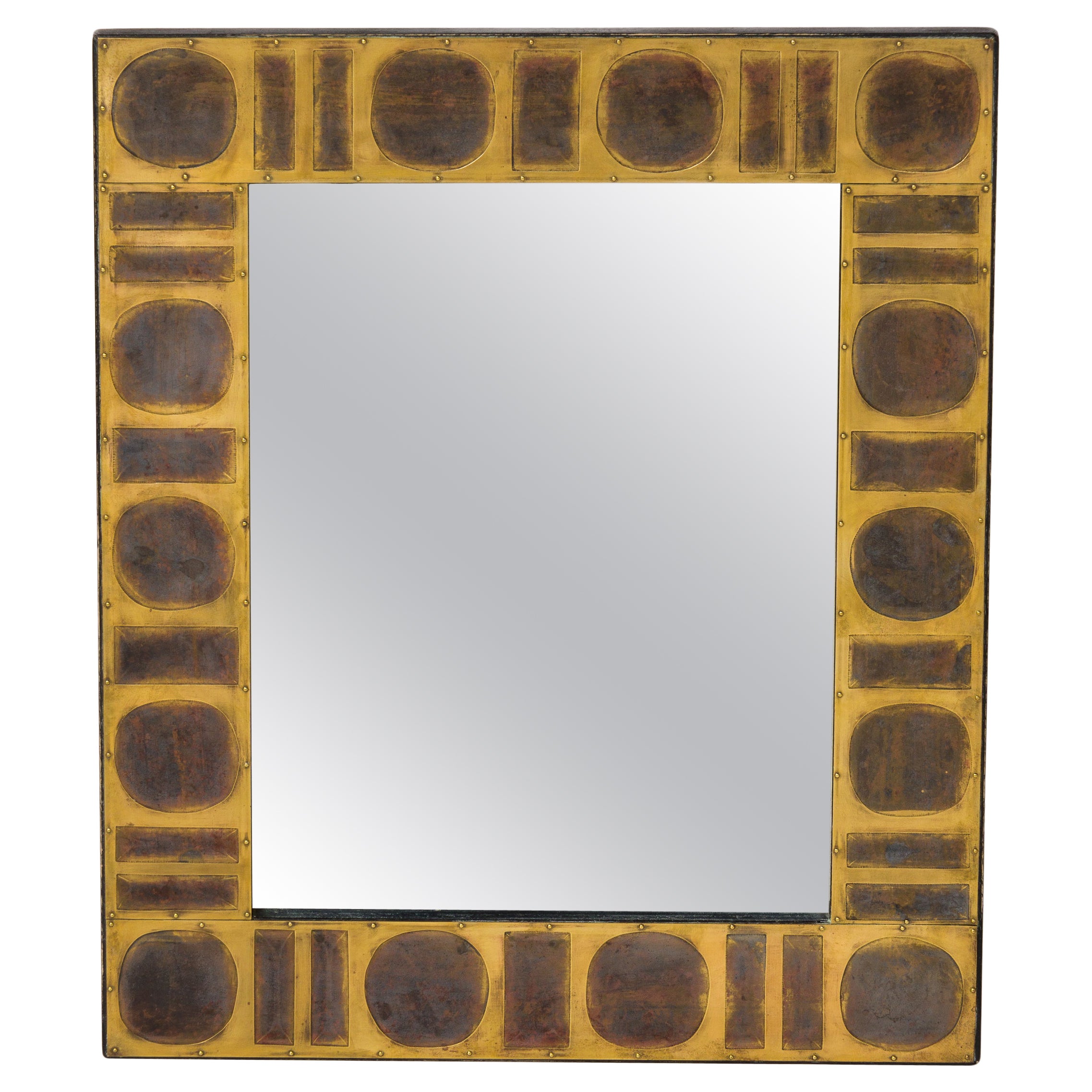 Signed Etched & Patinated Brass Tiles Mirror by Jean Blazy - France 1970's For Sale