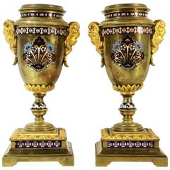  Pair of 19th Century French Gilt Bronze and Champleve Enamel Urns