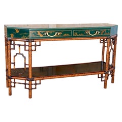 Mid-20th Century Lacquered Green Chinoiserie Console With Refinished Rattan Fret