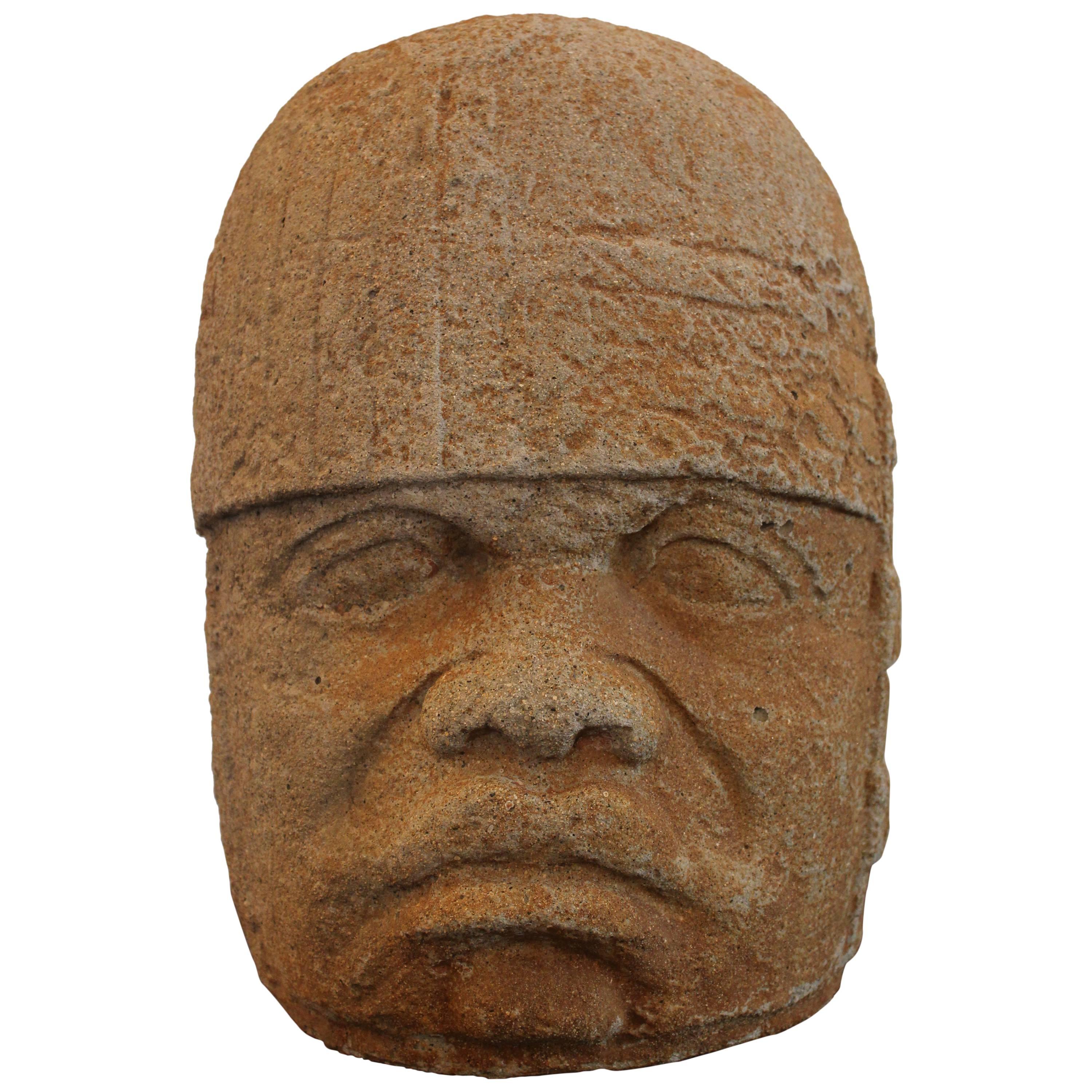 Cement Sculpture of an Olmec Head For Sale