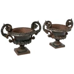 Antique Decorative Pair of Cast Iron Victorian Urns