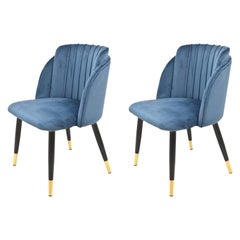 Pair New Spanish Chair, Metal, Blue Velvet Upholstery