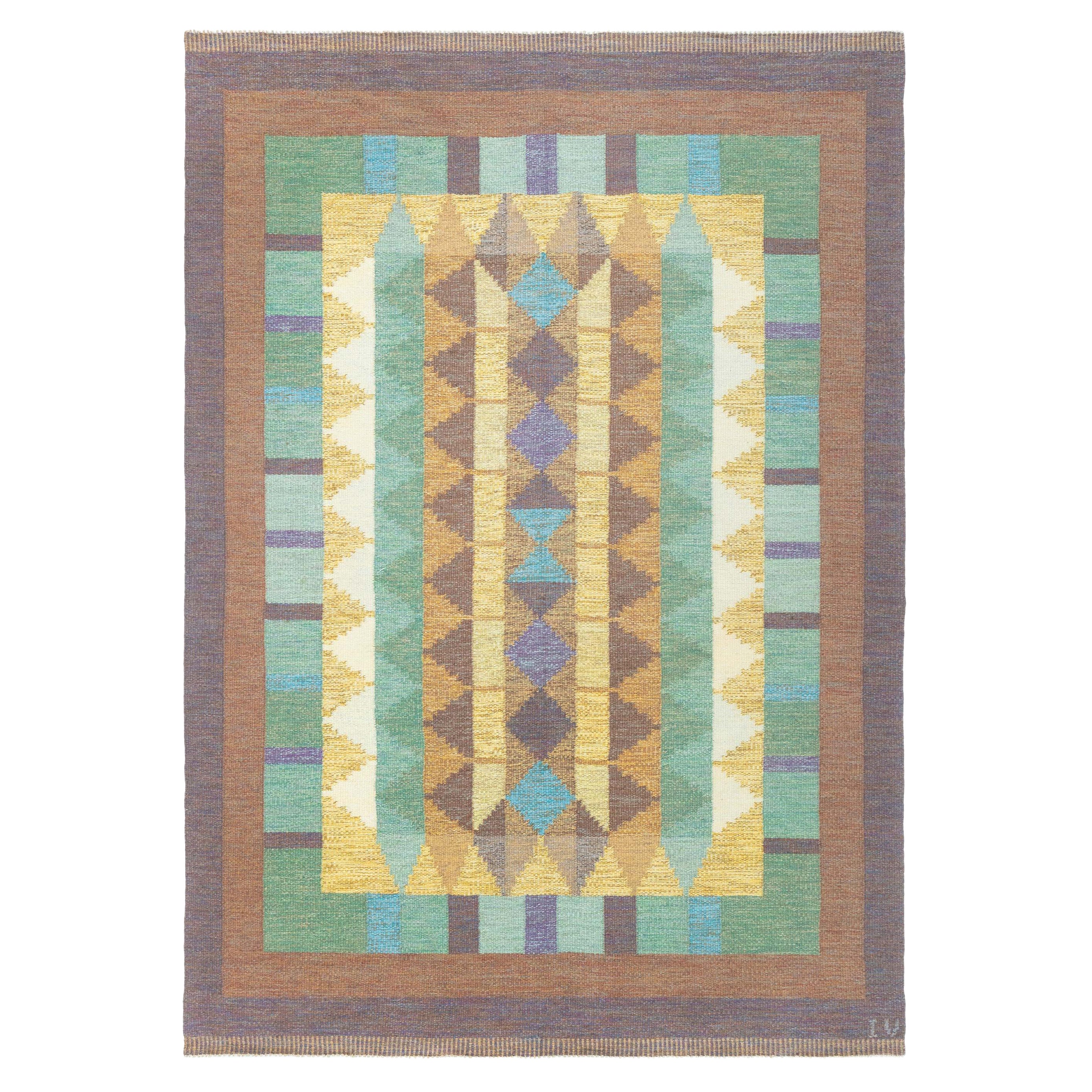 Doris Leslie Blau Vintage Swedish Flat Weave Rug Signed with Initials 'IV'
