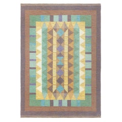 Doris Leslie Blauer schwedischer Flachgewebe-Teppich im Vintage-Stil, signiert mit Initialen 'IV'