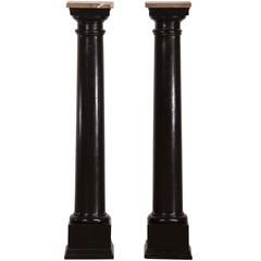 Neoclassical Pair Antique French Marble Top Ebonized Timber Pedestals circa 1875