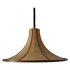 Vintage Suede and Wood Trumpet Design Large Pendant Lamp, 1960s, Germany