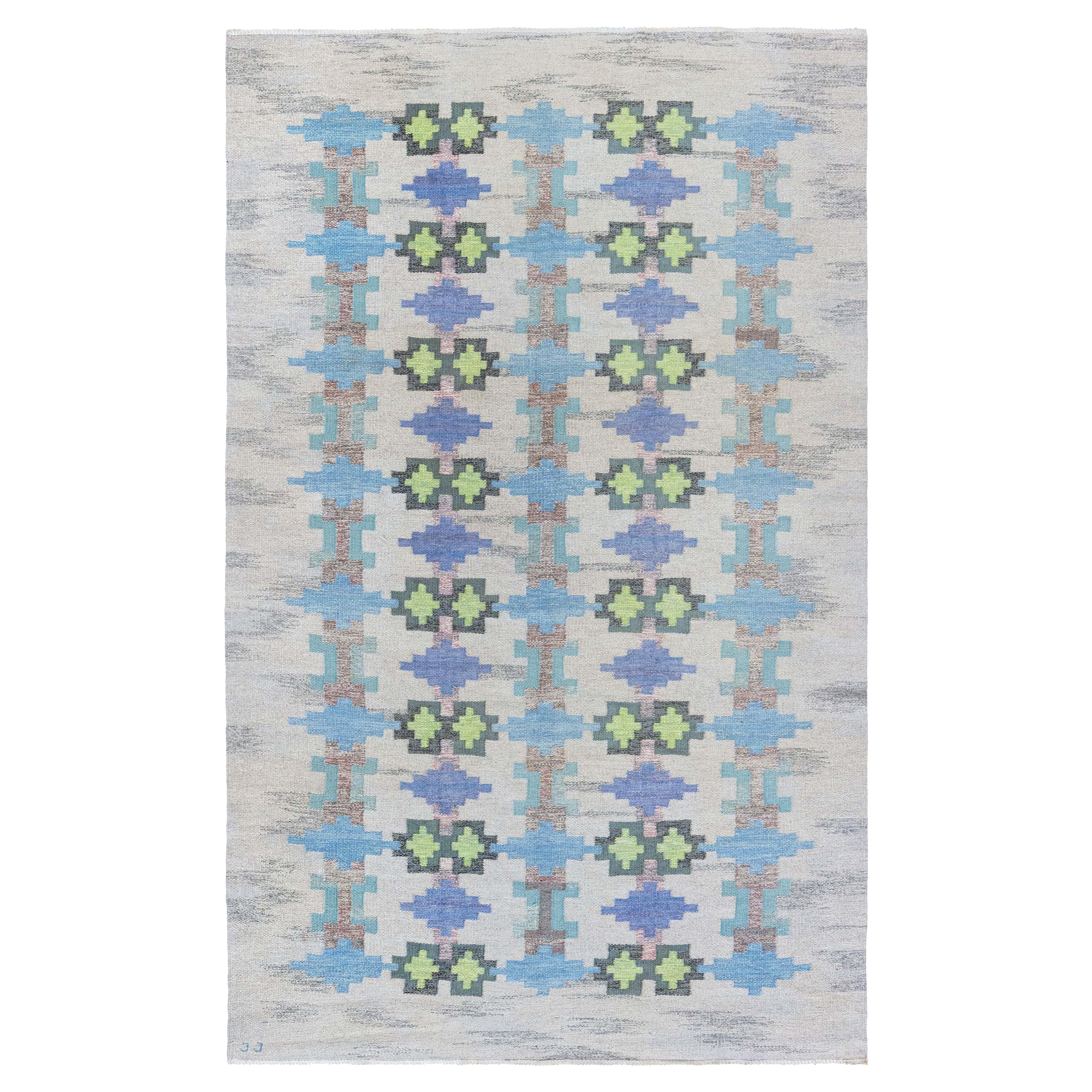 Doris Leslie Blau Alfombra sueca vintage de tejido plano de Judith Johansson