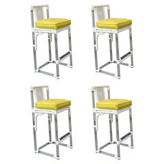 Vintage 1970s Organic Modern Lucite & White Rattan Barstools with Cane Backs - Set of 4