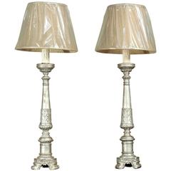 Pair Antique 19th Century Italian Silver Leaf Altar Candlestick Table Lamps 3